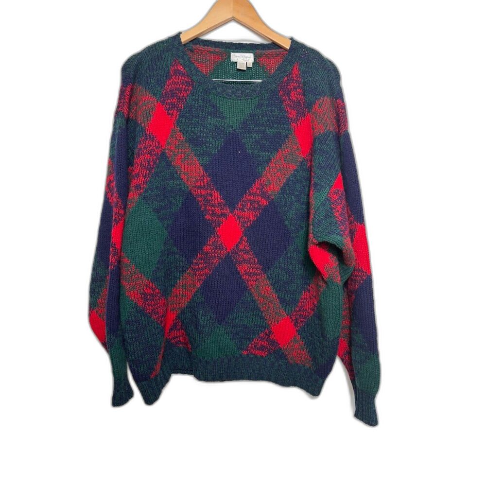 Tricots St Raphael Sweater size XL Men's 100% wool Red Green Plaid Classic Prep